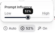Interface Sound Effects d'ElevenLabs avec l'option pour changer le Prompt Influence